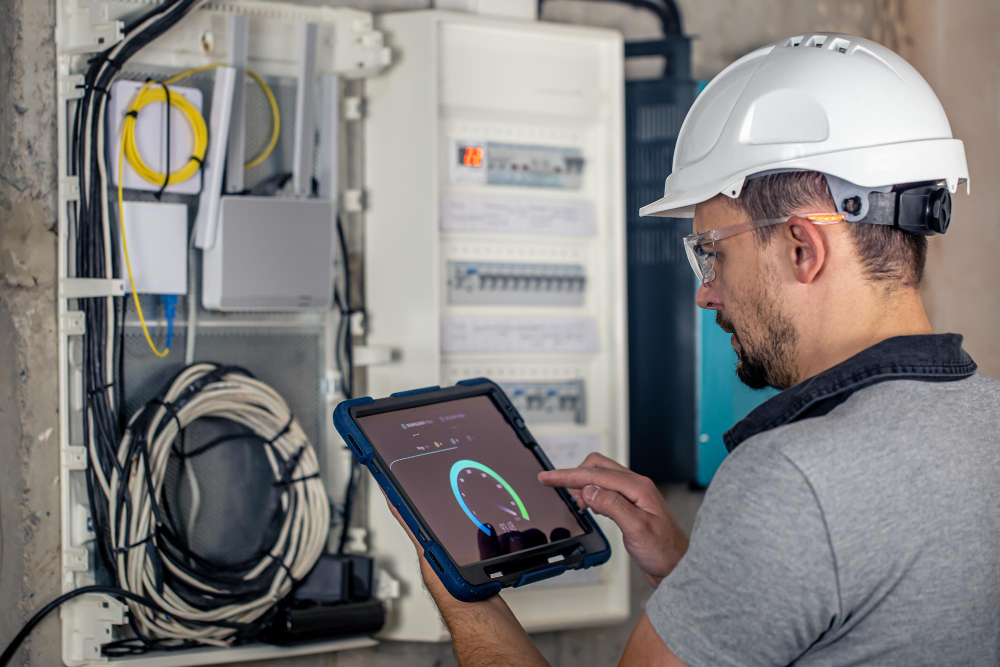 man-electrical-technician-working-switchboard-with-fuses-uses-tablet